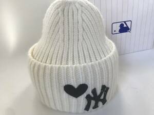 海外ダンサー御用達☆MLB NYヤンキース☆ハイブランドBLACKストーンロゴハート刺繍ビーニーニットキャップ帽子☆WHITE