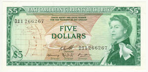 【未使用 】東カリブ通貨庁 5ドル紙幣 1965年版 ピン札　A01