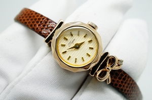 J42* operation excellent NOJESS Nojess round case type ribbon lady's wristwatch Gold gold stylish quartz 