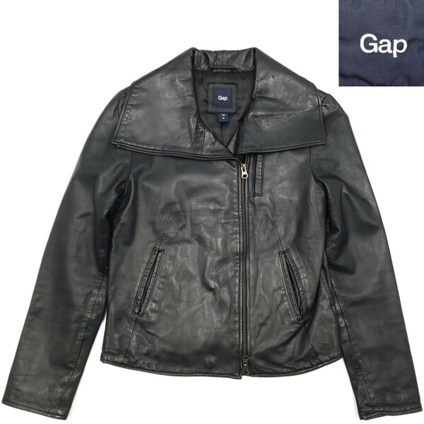 立ち襟可★GAP★XS レザーライダースジャケット黒メンズブラック本革ギャップ本皮ラム羊革ダブルライディングレディース革ジャン SZJ106