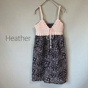 ◎Heather ヘザー キャミソールチュニック チュニック レディース Mサイズ相当 ペイズリー柄＆レース編み 黒×白色 重ね着に