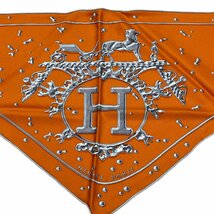 ◯送料無料 HERMES エルメス ポワントゥ スカーフ VIF ARGENT 銀のしずく 三角形 トライアングル Hロゴ シルク100% オレンジ系_画像2