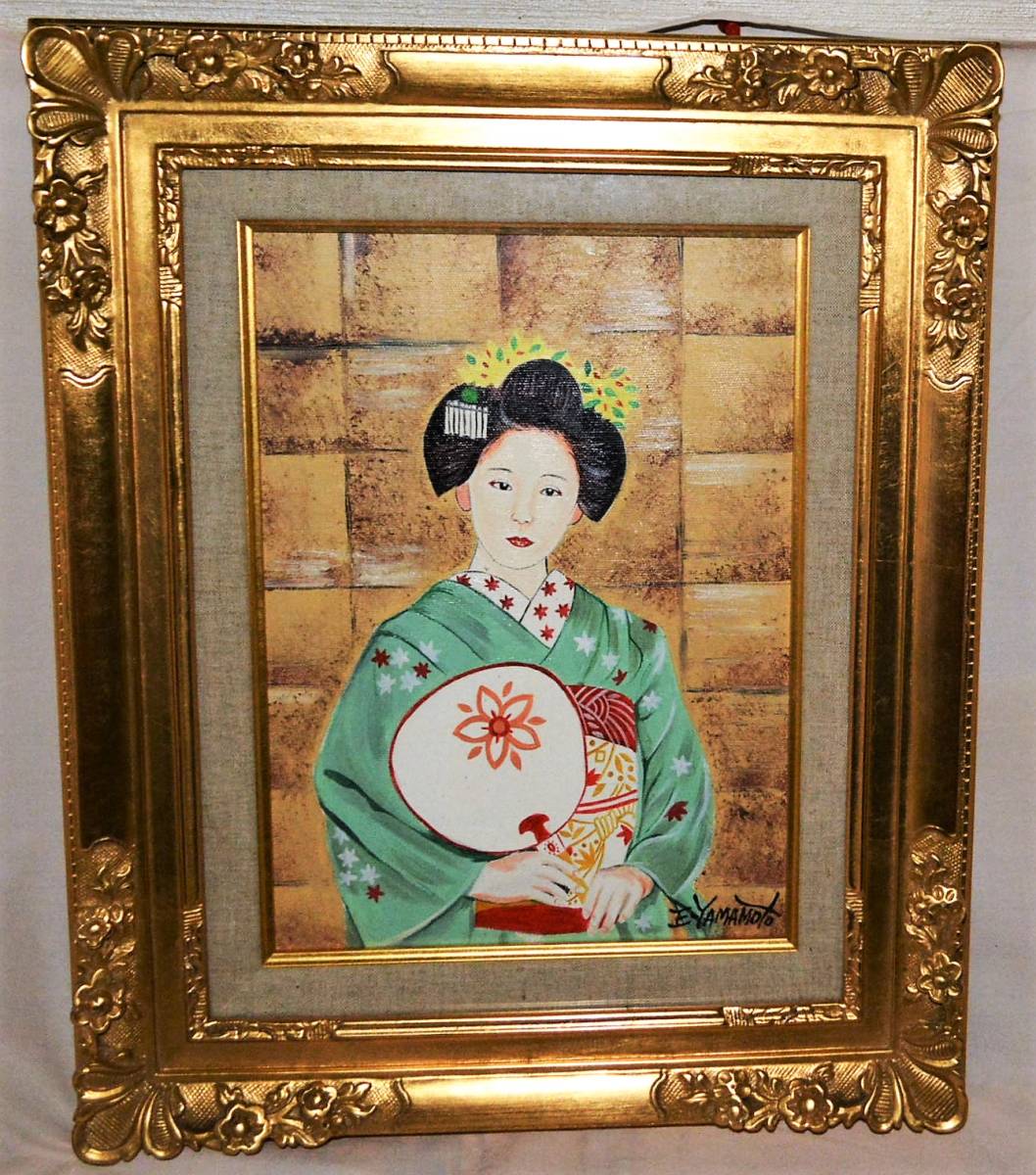 AT-71 Eiji Yamamoto Ölgemälde Bijinga Maiko [Uchiwa] 4F gerahmt [Original], Malerei, Ölgemälde, Porträts