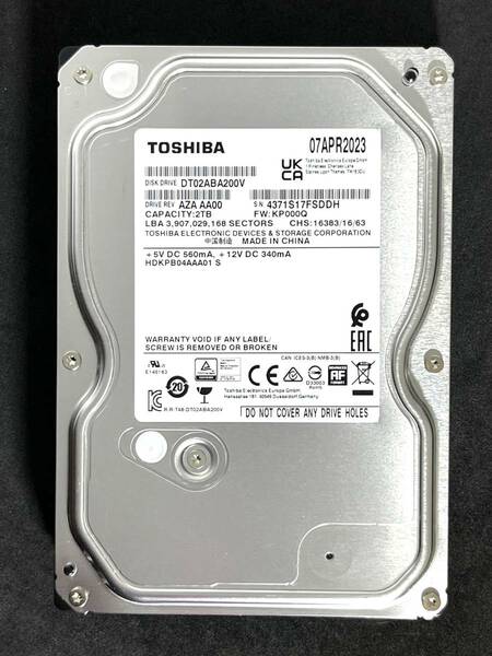 【送料無料】　★ 2TB ★　TOSHIBA / DT02ABA200V　【使用時間： 299 ｈ】 2023年製　稼働極少　3.5インチ内蔵HDD AVコマンド対応