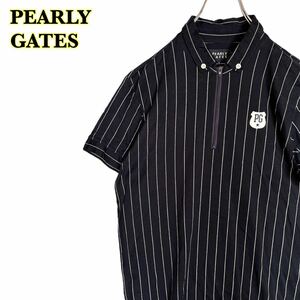 PEARLY GATES パーリーゲイツ　半袖シャツ　トップス　ストライプ　ワッペン　ボタンダウン　黒白　メンズ　4サイズ　【AY1446】