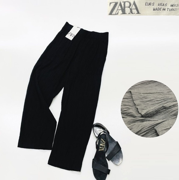 未使用品 /S/ ZARA ブラック リンクルルックパンツ レディース タグ カジュアル ボトム 通勤 定番 フェミニン 大人可愛い黒 デイリー ザラ