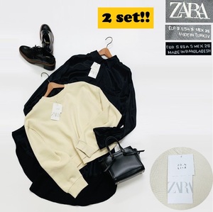 2セット 未使用品 /S/ ZARA ブラックサテンオーバーサイズシャツ アイボリークロップドスウェット レディース タグカジュアルトップス ザラ