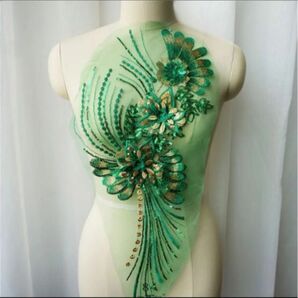 衣装用デコレーション刺繍　社交ダンス衣装にグリーン 3D スパンコール刺繍