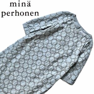 【送料無料】mina perhonen ミナペルホネン　タンバリン　ワンピース　水色　ライトブルー　長袖　36 ロング　綿　コットン