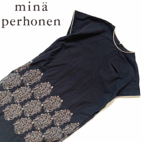 【送料無料】mina perhonen ミナペルホネン　膝丈ワンピース　刺繍　柄　36 紺色　ネイビー レディース