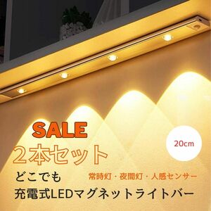 2本セットどこでも充電式LEDマグネットライトバー20ｃｍ無段階調光LED常時点灯/人感センサーライトクローゼット廊下玄関キッチンパントリー