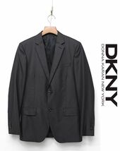 N266/美品 DKNY テーラードジャケット 光沢 ストライプ柄 2つボタン 背抜き センターベント 細身 スリム 34 S~M グレー_画像1