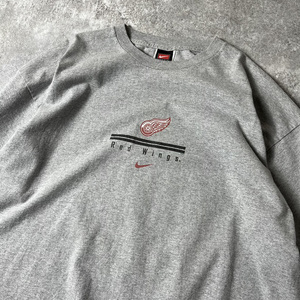 00s NIKE TEAM センター スウォッシュ NHL レッドウィングス プリント 半袖 Tシャツ XL / 00年代 ナイキ オールド 霜降り グレー