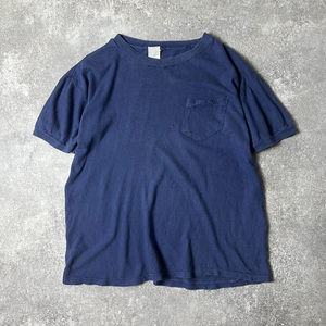 雰囲気系 70s パキ綿 無地 ポケット付き 半袖 Tシャツ / 70年代 ビンテージ パキスタン コットン ポケT ナス紺 襤褸 ボロ