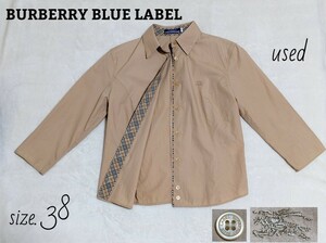 バーバリーブルーレーベル ノバチェックシャツ 38 Ｍ ホースマーク刺繍 7分袖 ベージュ BURBERRY BLUE LABEL レディース長袖 ※少々難あり