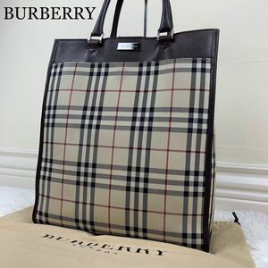 【美品】BURBERRY バーバリー ハンドバッグ トートバッグ ノバチェック ロゴA4収納可能 大容量 総柄 キャンバス レザー 革 ロゴプレート