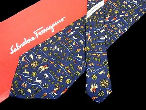 ♪今週の特売980円～♪1337♪状態並品【Ferragamo】フェラガモ【人 鳥 鹿 犬 馬 動物 花 葉っぱ 植物 柄】ネクタイ♪