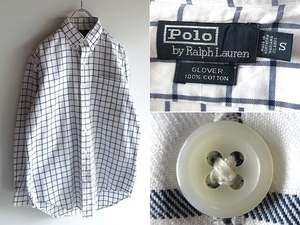 希少 90sビンテージ Polo by Ralph Lauren ポロ ラルフローレン GLOVER コットン チェック BDシャツ S ホワイト ネイビー 白 紺 ネコポス可