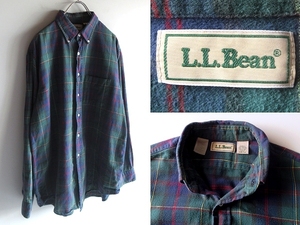 希少 80s-90sビンテージ L.L.BEAN エルエルビーン コットン チェック ネルシャツ BDシャツ L グリーン ブルー レッド ボタンダウン