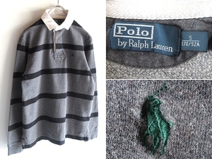 Polo by Ralph Lauren ラルフローレン ポロポニーロゴ刺繍 裏起毛 コットン ボーダー ラガーシャツ S グレー ブラック