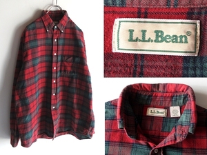 希少 80s-90sビンテージ L.L.BEAN エルエルビーン コットン チェック ネルシャツ BDシャツ L レッド グリーン