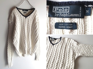 希少 90s-00sビンテージ Polo by Ralph Lauren ラルフローレン HAND KNIT ローゲージ Vネック コットン ケーブルニット ハンドニット M 白