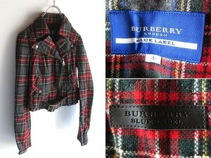 BURBERRY BLUE LABEL バーバリーブルーレーベル ホースロゴ釦 ロゴパッチ シワ加工 タータンチェックウール ダブルライダースジャケット 38