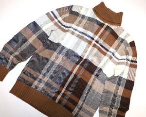 新品 Loro Piana チェックパターンタートルネック カシミヤセーター ニット 52 XL カシミヤ99% シルク1% ブラウン×アイボリー×ブルー