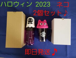 2個【新品未使用】スタバハロウィン2023①サニーボトルキャットゴーストリッド 1個 ②シリコンリッド耐熱グラスマグキャット 1個