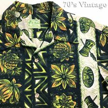 ★訳アリ!!★USA直輸入★HAWAII製★70s vintage★[Ui-Maikai ウイマイカイ]TIKI 総柄 開襟 アロハシャツ 緑 パイナップル 仮面 民族 K2-464_画像1