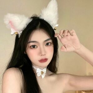 ◆58番◆猫耳カチューシャ チョーカー付き 猫彼女 コスプレ ハロウィン かわいい 変装 ロリータ　クリスマス 白