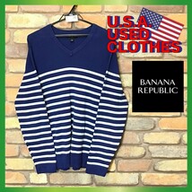 ME6-986★USA直輸入★状態良好◎【BANANA REPUBLIC バナナリパブリック】細ボーダー Vネック 薄手 ニット【メンズ M】グレー 青 セーター_画像1