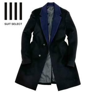 美品!!SUIT SELECT スーツセレクト BLG1503 カシミヤ混 ウール チェスターコート(M)ブラック×ネイビー メンズ スーツ 紳士服