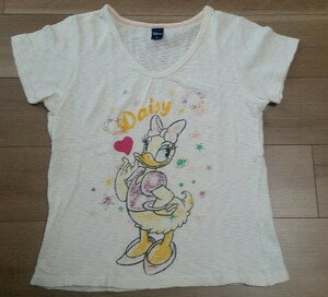M size disney Daisy Disney daisy short sleeves eggshell white illustration embroidery up likeV neck T-shirt cotton 100 free shipping 