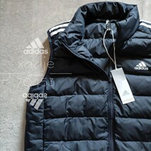 新品 正規品 adidas アディダス ダウン80 フェザー20 ダウンベスト 紺 ネイビー 白 ロゴプリント 三本ライン入り 細見 XO 2XL_画像2