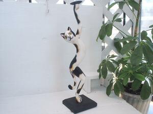 ビンテージバリ島面白木彫＊細長ちょっとセクシーポーズな猫キャンドルスタンド・ブチ・P☆飾り置物ディスプレイ