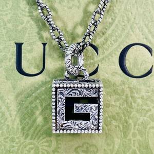 【美品】 グッチ スクエアG キューブ 燻 アラベスク ロングネックレス シルバー スクエアG GUCCI ★486