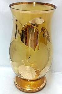 ・美品　チェコ製　ボヘミアグラス　アンバー金彩花紋　フラワーベース・花瓶