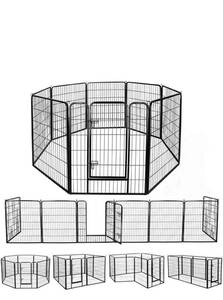 ペットフェンス 中大型犬用— ペットケージ パネル8枚 四角ポール 折り畳み式 スチール製 複数の組み合わせ 室内室外兼用 犬小屋