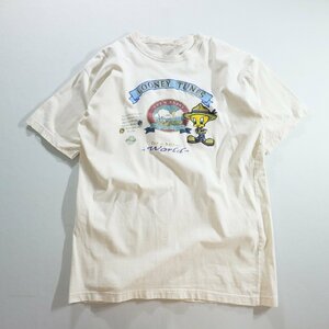 F□90年代 Tweety Birds トゥイーティー 刺繍 半袖 Tシャツ 丸首 アニメ キャラクター ルーニー・テューンズ 白 (XL) 中古 古着 k3617