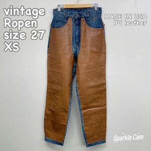 決算セール 古着 vintage Ropen USA製 PUレザー ジーンズ メンズ 27インチ XSサイズ ウエスト68cm 年代物 デニム cotton100％