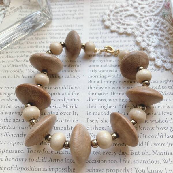 ブレスレット ウッドビーズ 木製 ナチュラル ブラウン ゴールド 美品☆Vintage jewelry accessories A0782