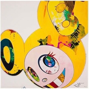  Murakami .Takashi Murakami poster DOB and x5 yellow world And thenx5 Yellow Universe. Print 2013 ED300 Signed 50x50cm ( genuine work )