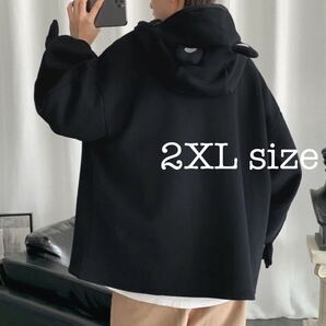 パーカー カエル フード トップス ビッグシルエット 長袖 ユニセックス 黒 ブラック 2XL