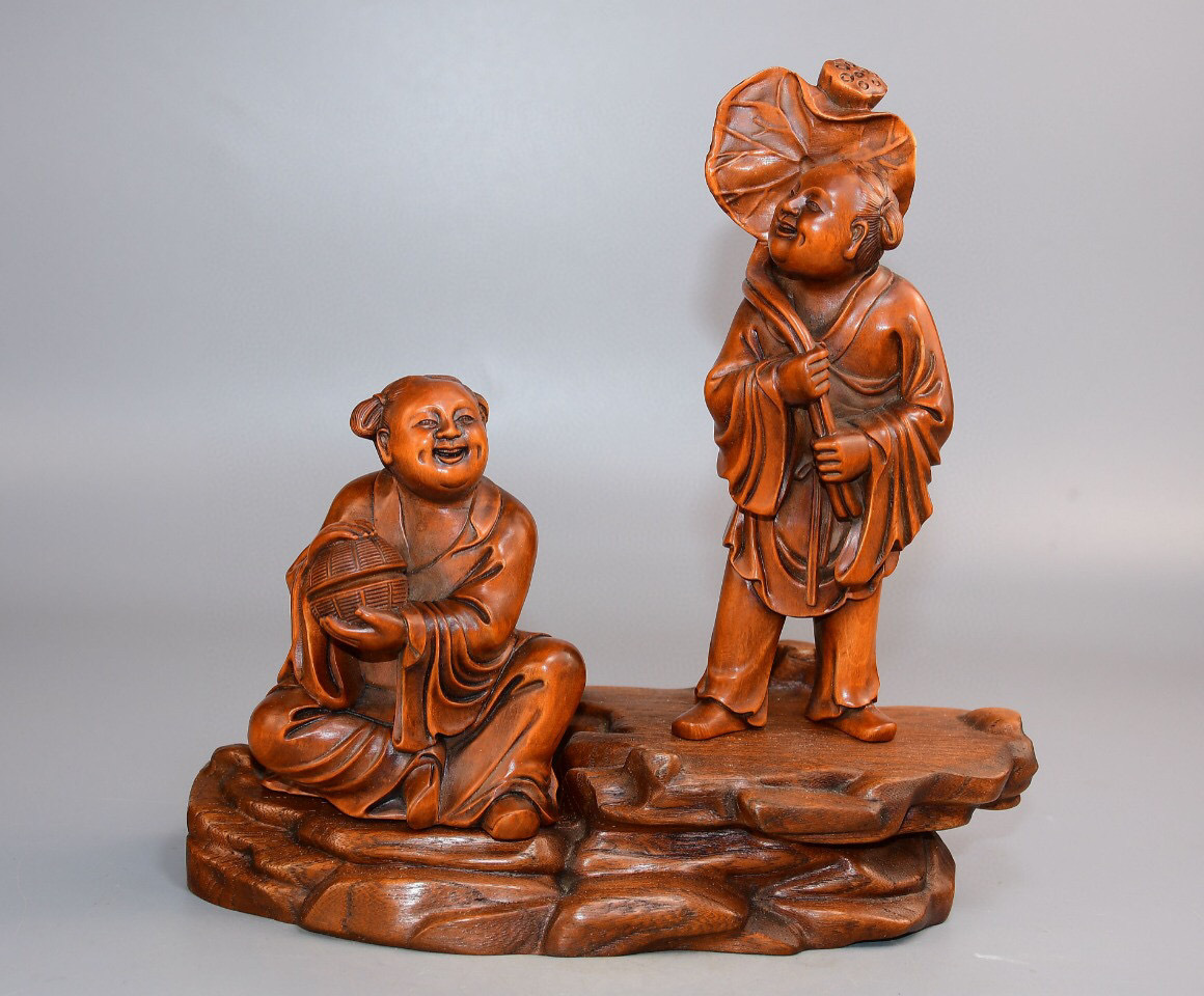 聚寶齋*和田玉製*細密彫*和合二仙】希少珍品 置物 賞物 中国時代美術-