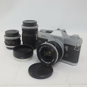 昭和レトロ フィルムカメラセット/Canon ボディ FT QL+レンズ3点 FL 28ｍｍ f3.5+50mm f1.8+135mm f3.5/フード1点付き/シャッター確認済 60