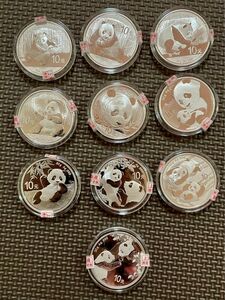 中国銀貨　パンダ銀貨　2014年-2023年発行のパンダ銀貨　合計10枚パンダ銀貨。※2024年NGC鑑定済みのパンダ銀貨1枚同梱