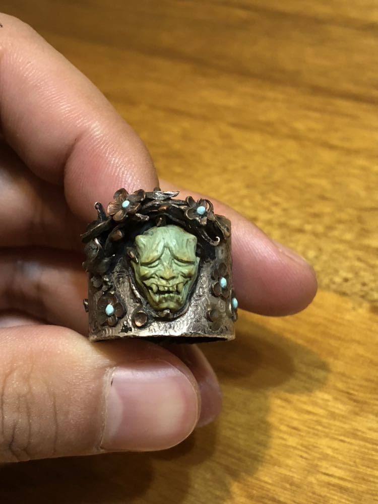 ★Hand-carved one-of-a-kind ring Hannya and Sakura No. 21 Small handmade sterling silver + turquoise engraving ring Handmade skull Skull Free shipping, ring, silver, No. 21~