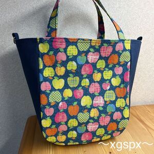 hand made ハンドメイド はんどめいど (4枚はぎ デニム風 りんご 帆布)トート ハンド セカンド ショルダー 斜め掛け エコ バック バッグ