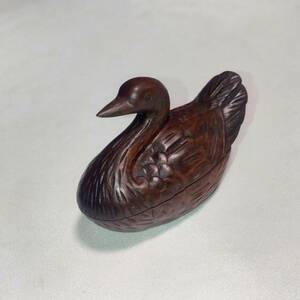 木製 香合 水鳥 茶道具 和風 置物 小物入れ 幅約8cm 奥行約4.1cm 高さ約5.7cm 【3949】